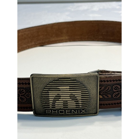 Vintage Brown Floral Embossed Leather Belt w Phoenix Bird Belt Buckle Marked 38 - Picture 6 of 14